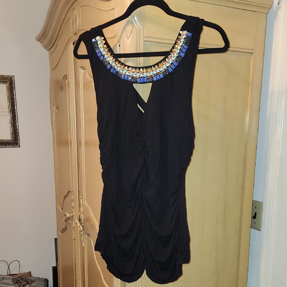 Boston Proper Black Top with Colorful Embellishments